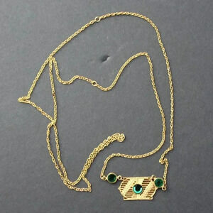 Vtg Art Deco Green Stone Retro MCM Abstract Long Gold Costume Jewelry Necklace
